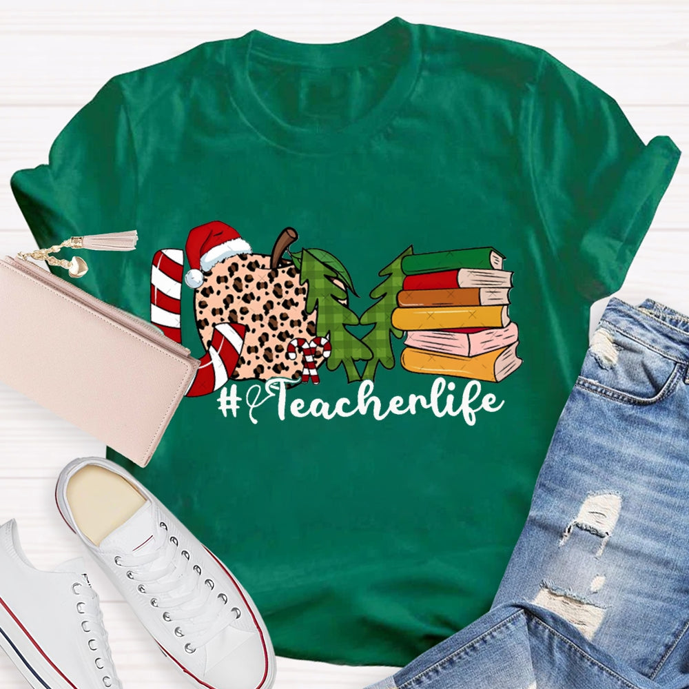 Love Teacher Life Leopard Print Apples And Christmas Tree T-shirt