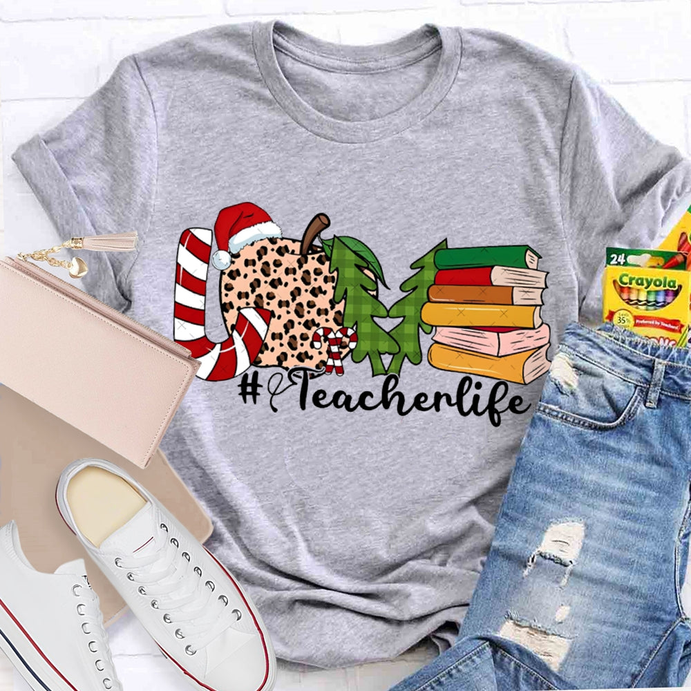 Love Teacher Life Leopard Print Apples And Christmas Tree T-shirt