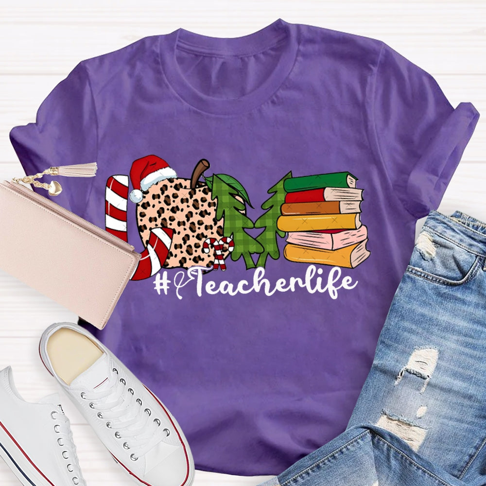 Love Teacher Life Leopard Print Apples And Christmas Tree T-shirt