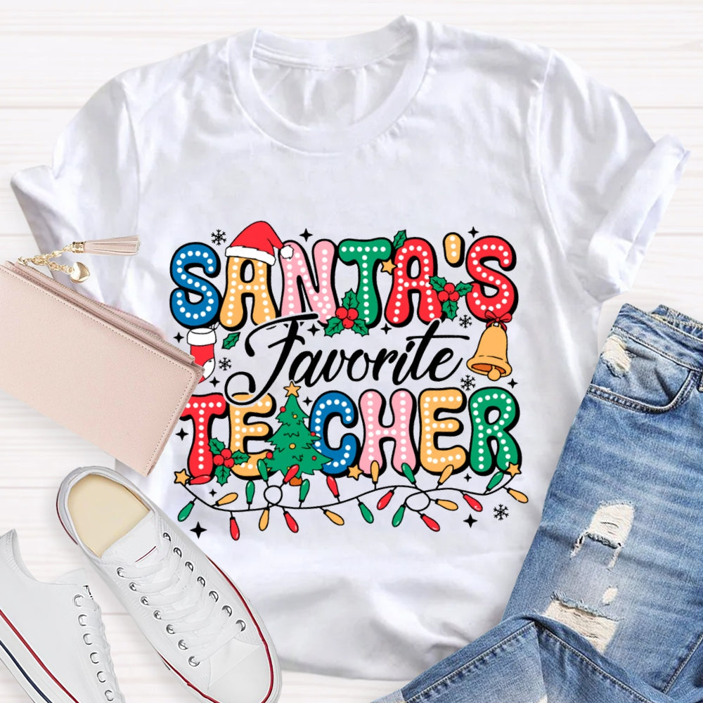 Santa'S Favorite Teacher Colorful Fonts And Christmas Lights T-shirt