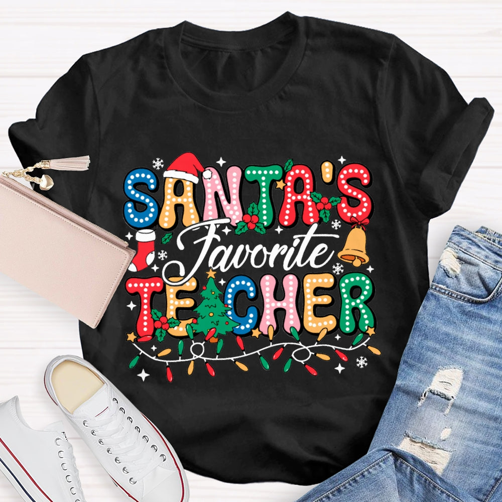 Santa'S Favorite Teacher Colorful Fonts And Christmas Lights T-shirt
