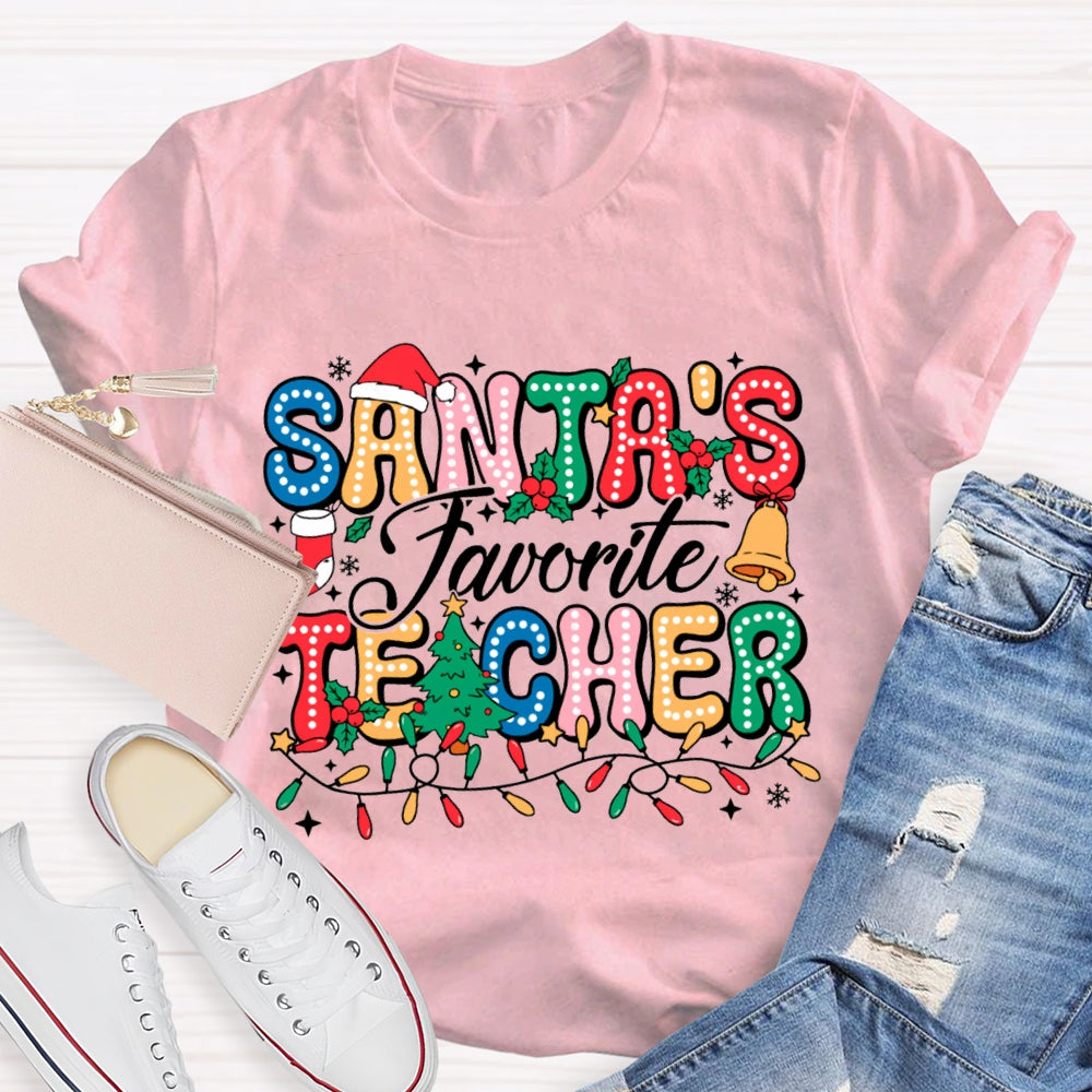 Santa'S Favorite Teacher Colorful Fonts And Christmas Lights T-shirt