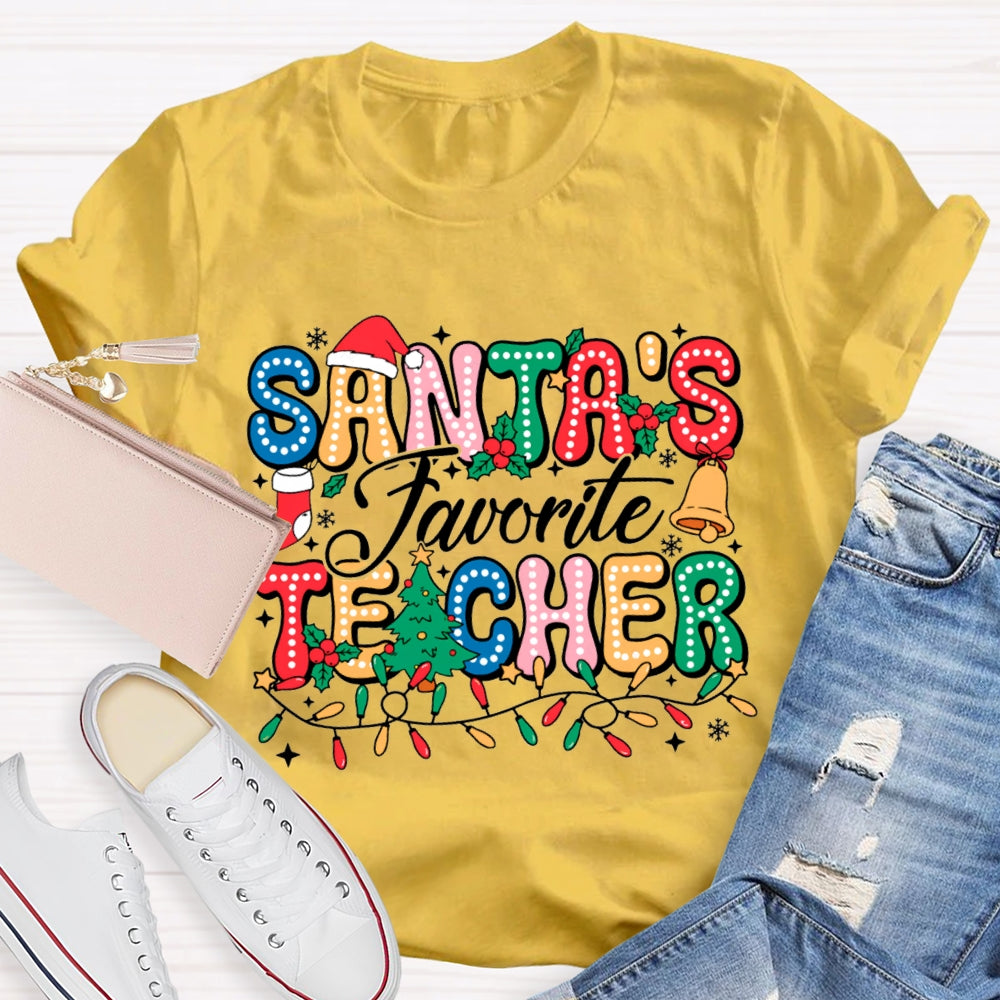 Santa'S Favorite Teacher Colorful Fonts And Christmas Lights T-shirt