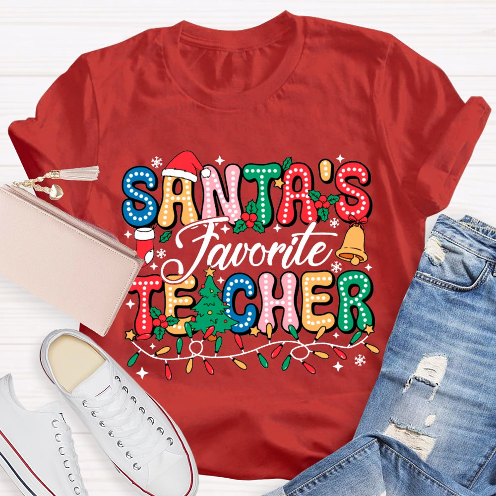 Santa'S Favorite Teacher Colorful Fonts And Christmas Lights T-shirt