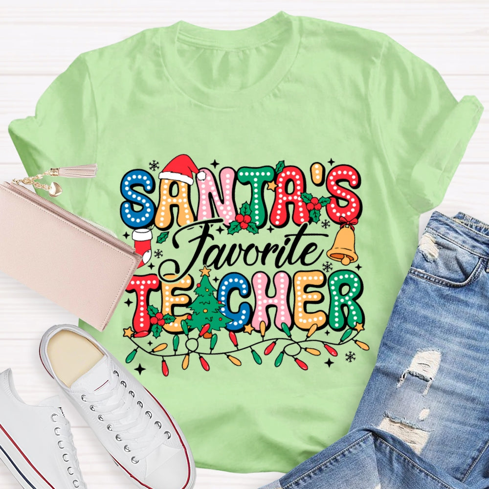 Santa'S Favorite Teacher Colorful Fonts And Christmas Lights T-shirt