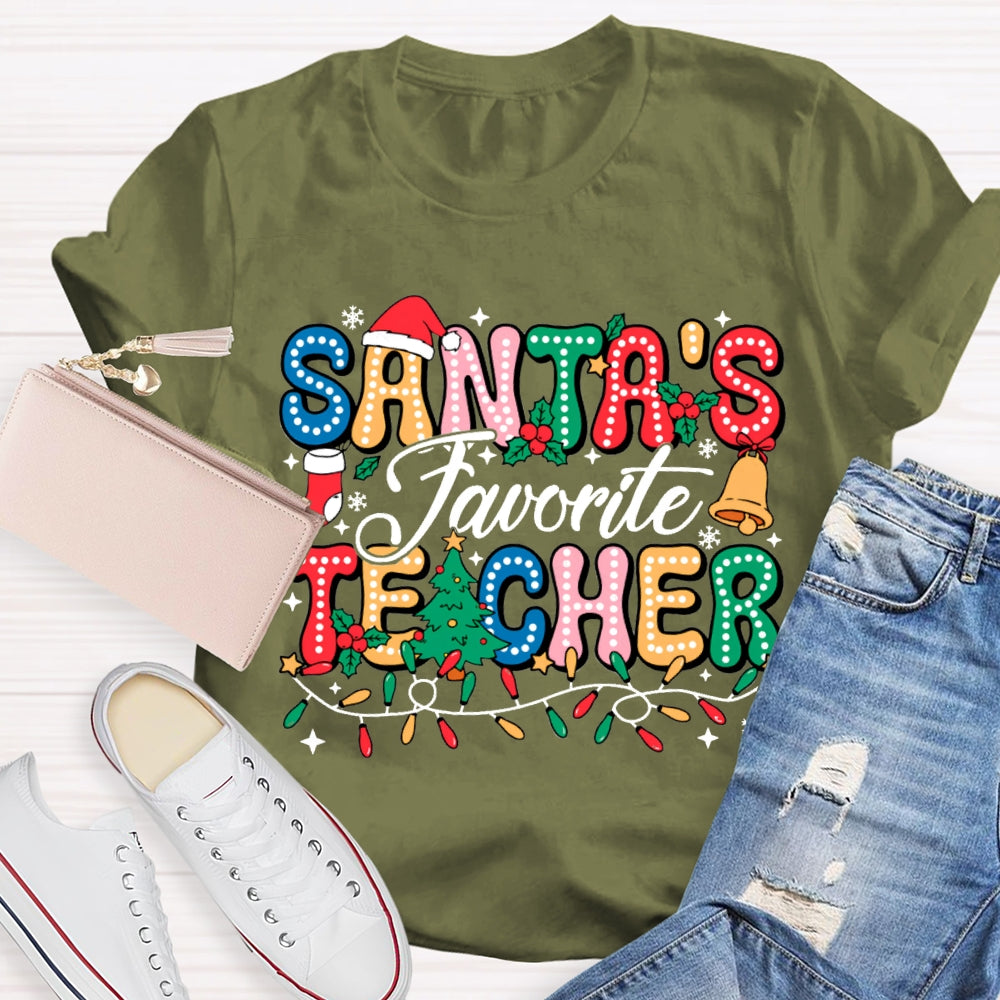 Santa'S Favorite Teacher Colorful Fonts And Christmas Lights T-shirt