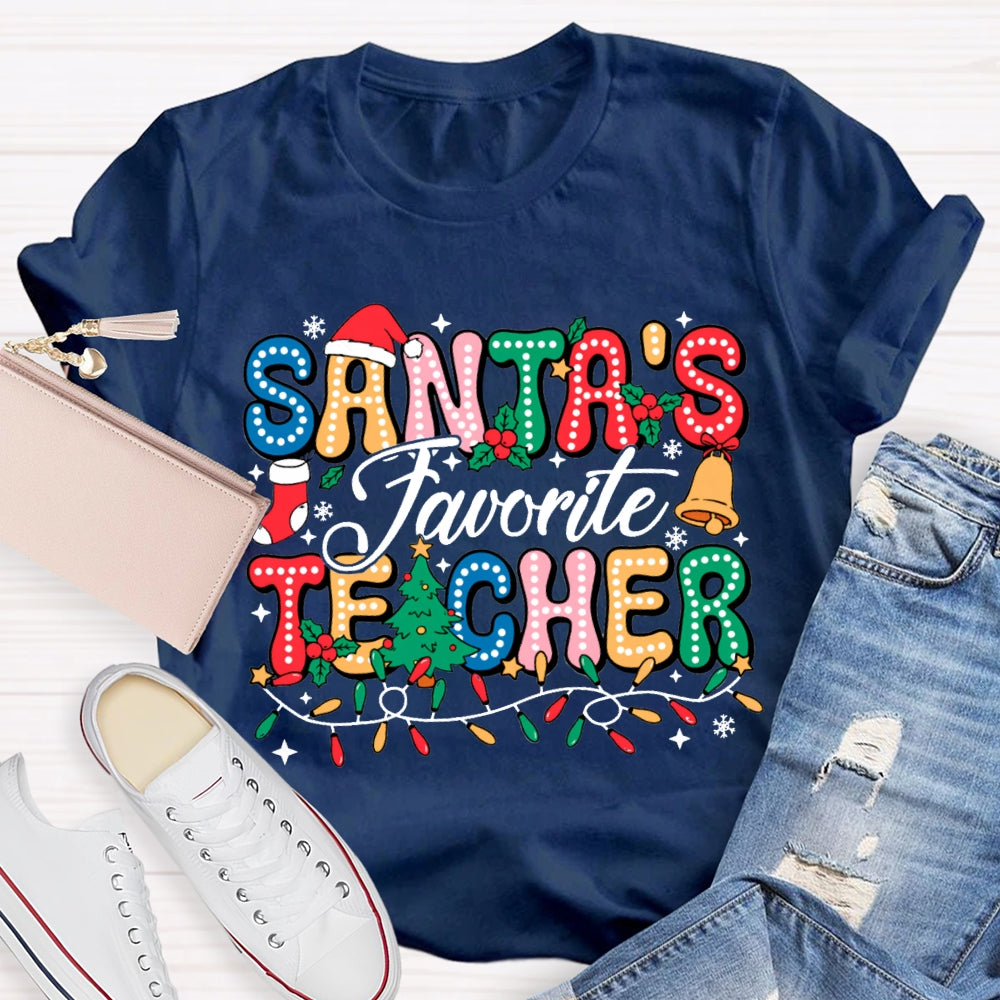 Santa'S Favorite Teacher Colorful Fonts And Christmas Lights T-shirt