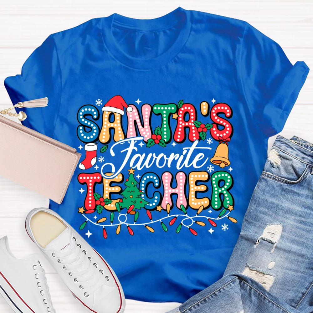 Santa'S Favorite Teacher Colorful Fonts And Christmas Lights T-shirt
