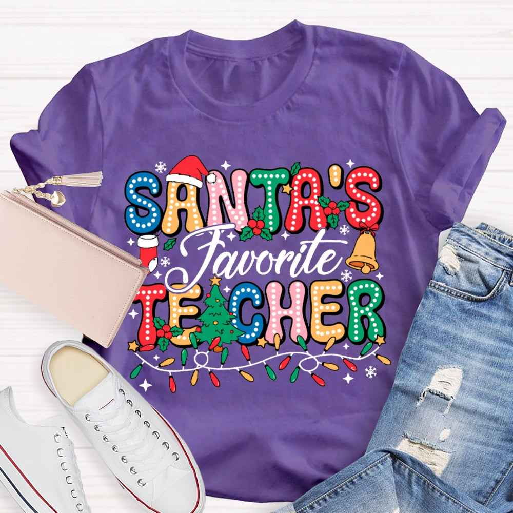 Santa'S Favorite Teacher Colorful Fonts And Christmas Lights T-shirt