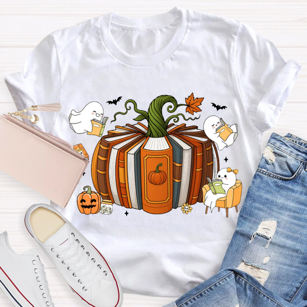 Pumpkin Books A Group Of Little Ghosts Reading Books T-shirt