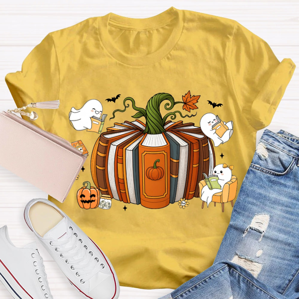 Pumpkin Books A Group Of Little Ghosts Reading Books T-shirt