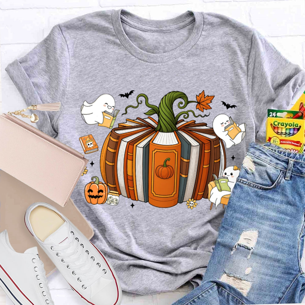 Pumpkin Books A Group Of Little Ghosts Reading Books T-shirt