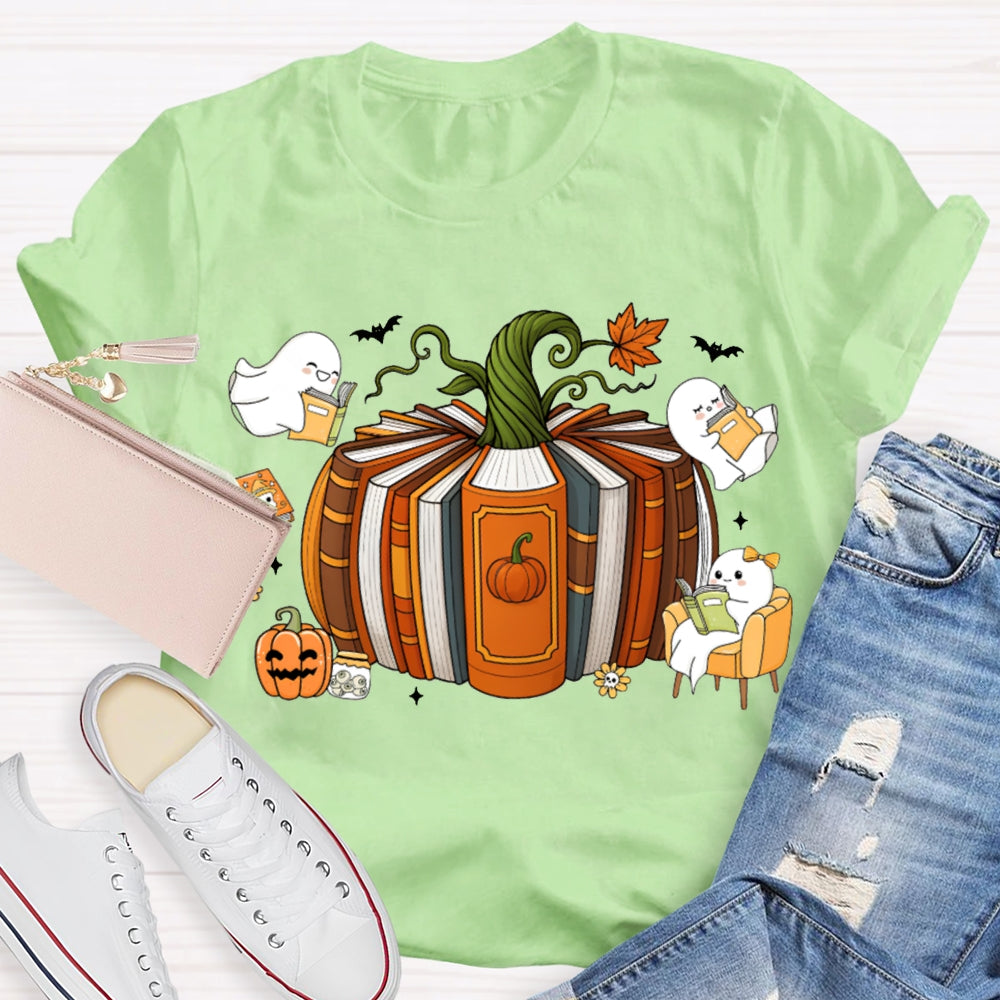 Pumpkin Books A Group Of Little Ghosts Reading Books T-shirt