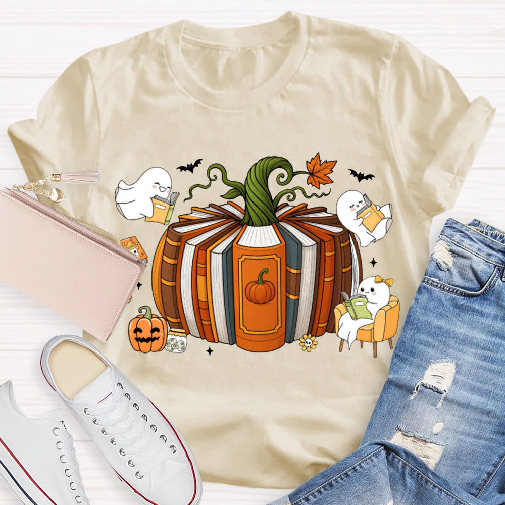 Pumpkin Books A Group Of Little Ghosts Reading Books T-shirt