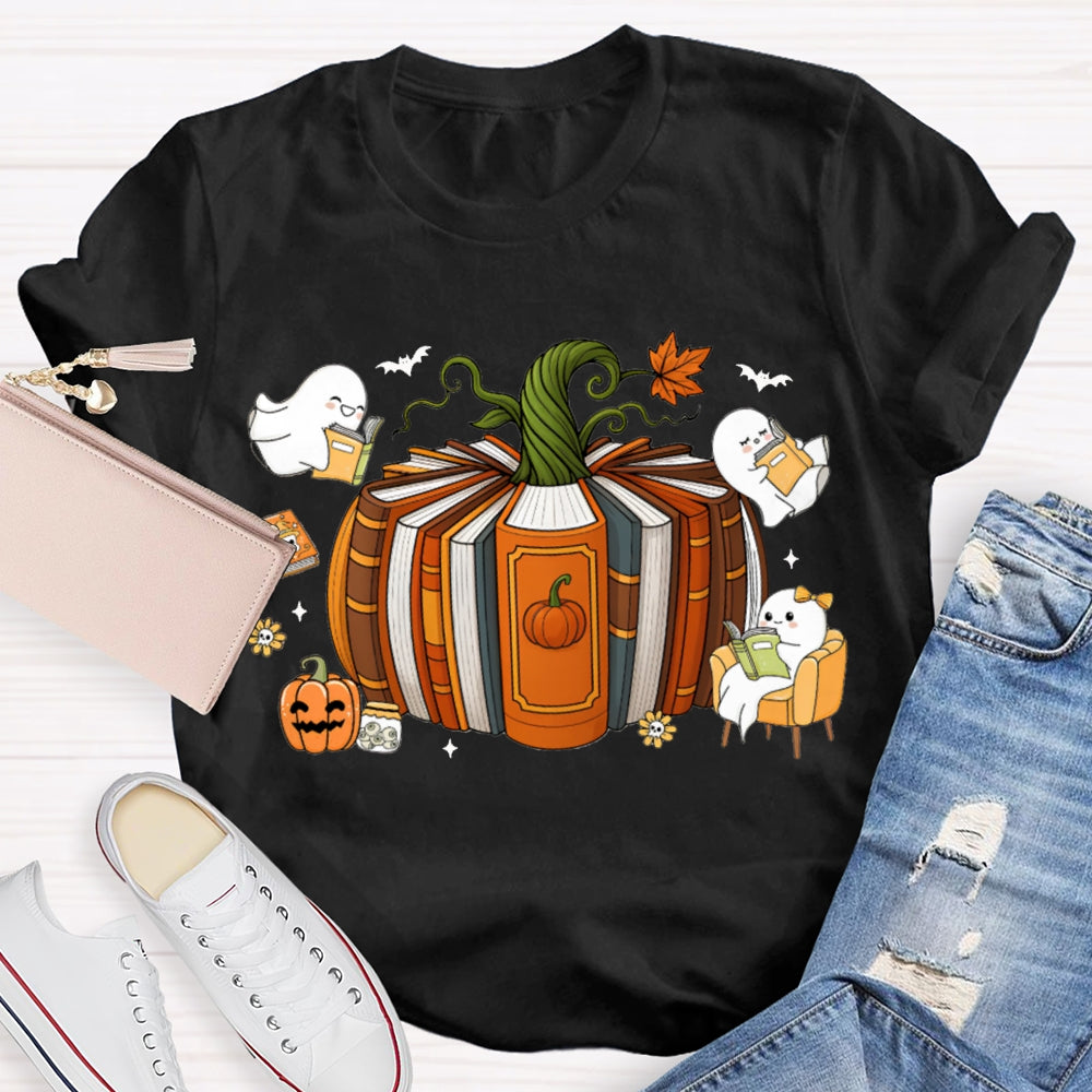 Pumpkin Books A Group Of Little Ghosts Reading Books T-shirt
