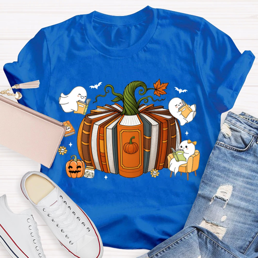 Pumpkin Books A Group Of Little Ghosts Reading Books T-shirt