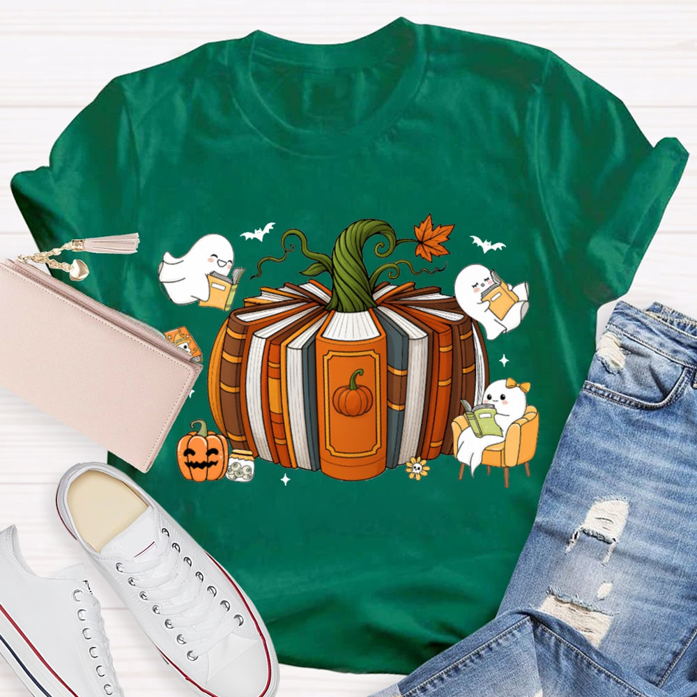 Pumpkin Books A Group Of Little Ghosts Reading Books T-shirt