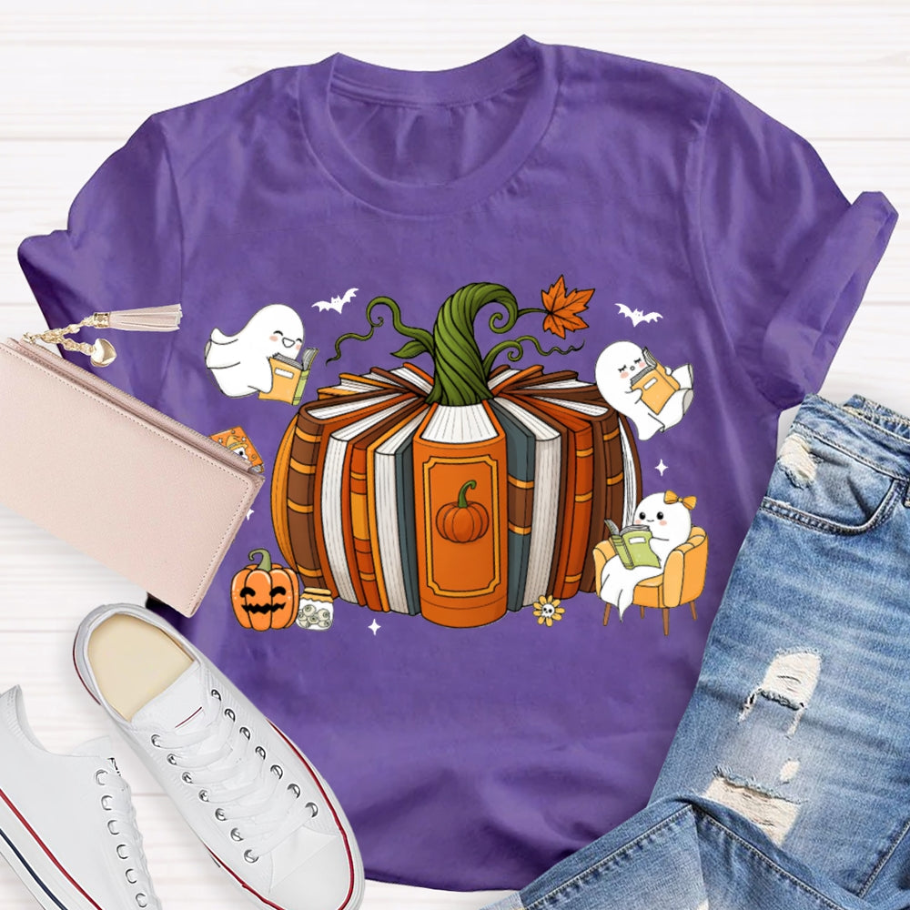 Pumpkin Books A Group Of Little Ghosts Reading Books T-shirt