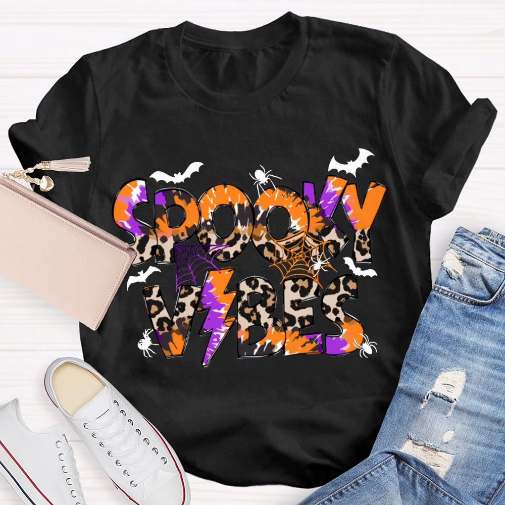 Spooky Vibes Leopard Print And Orange Font Halloween T-shirt