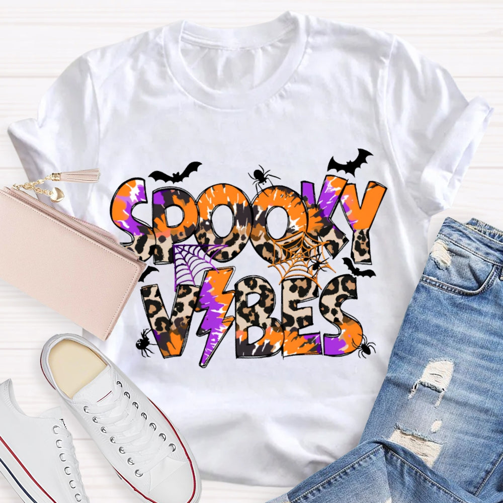 Spooky Vibes Leopard Print And Orange Font Halloween T-shirt