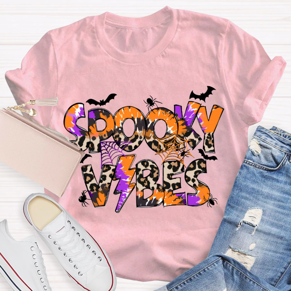 Spooky Vibes Leopard Print And Orange Font Halloween T-shirt