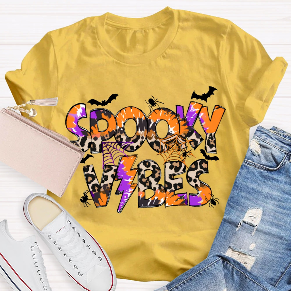 Spooky Vibes Leopard Print And Orange Font Halloween T-shirt