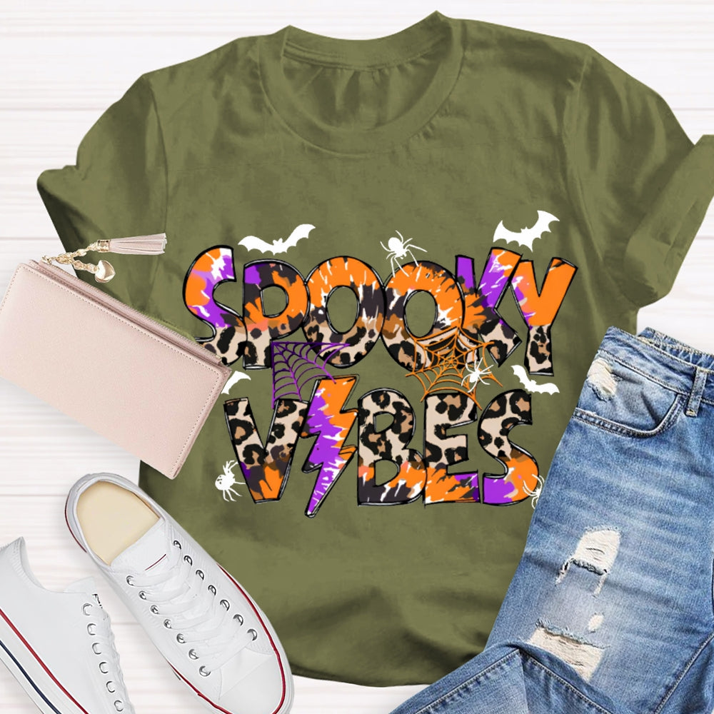 Spooky Vibes Leopard Print And Orange Font Halloween T-shirt