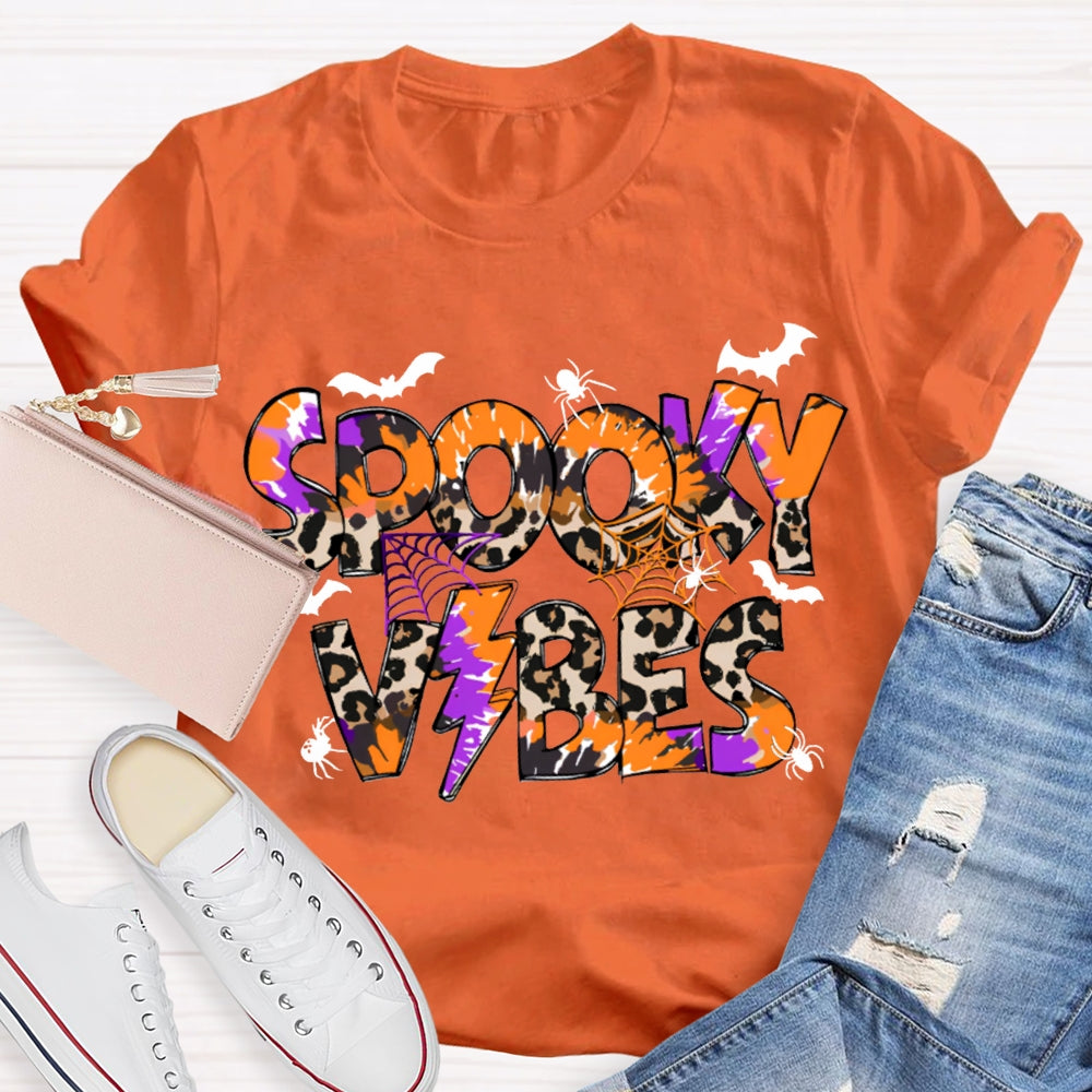 Spooky Vibes Leopard Print And Orange Font Halloween T-shirt