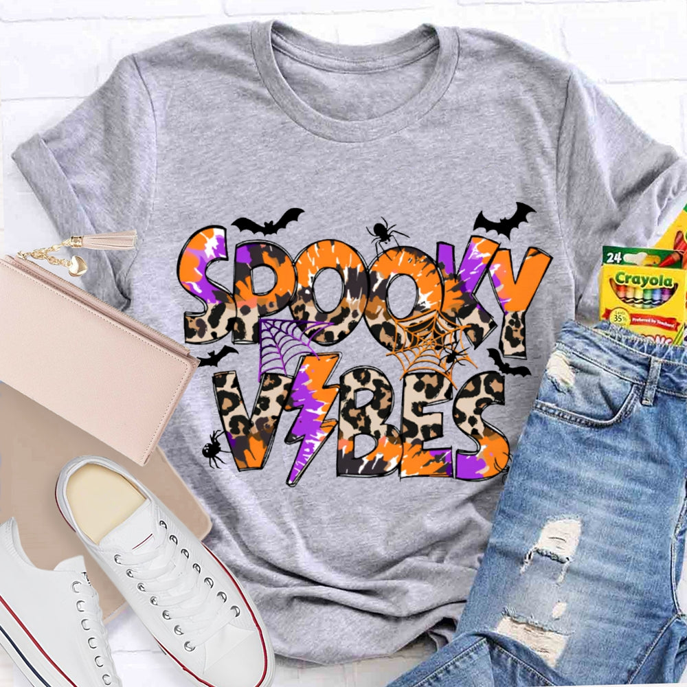 Spooky Vibes Leopard Print And Orange Font Halloween T-shirt
