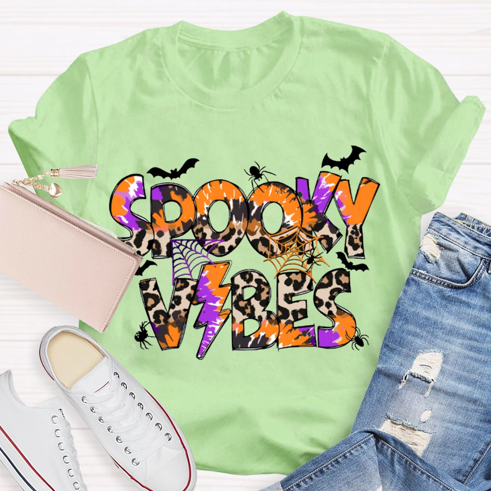 Spooky Vibes Leopard Print And Orange Font Halloween T-shirt