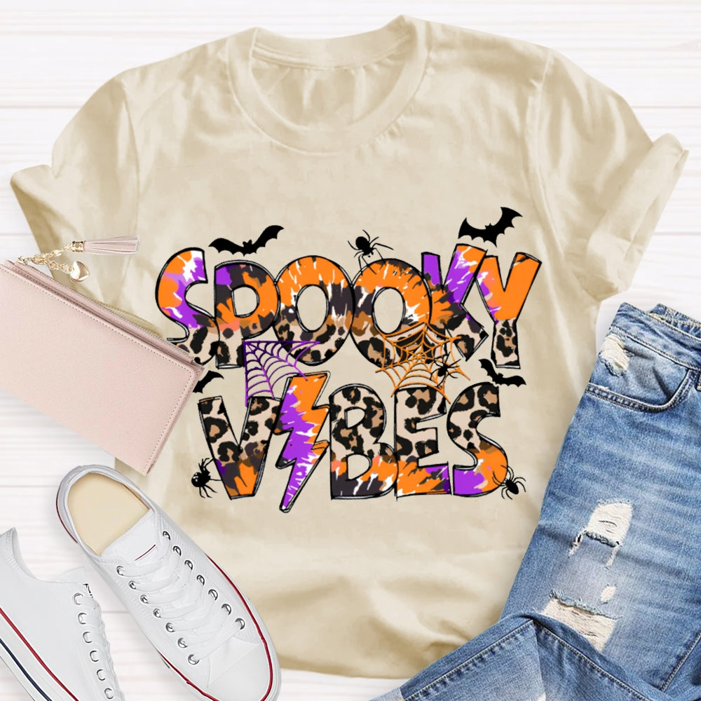 Spooky Vibes Leopard Print And Orange Font Halloween T-shirt