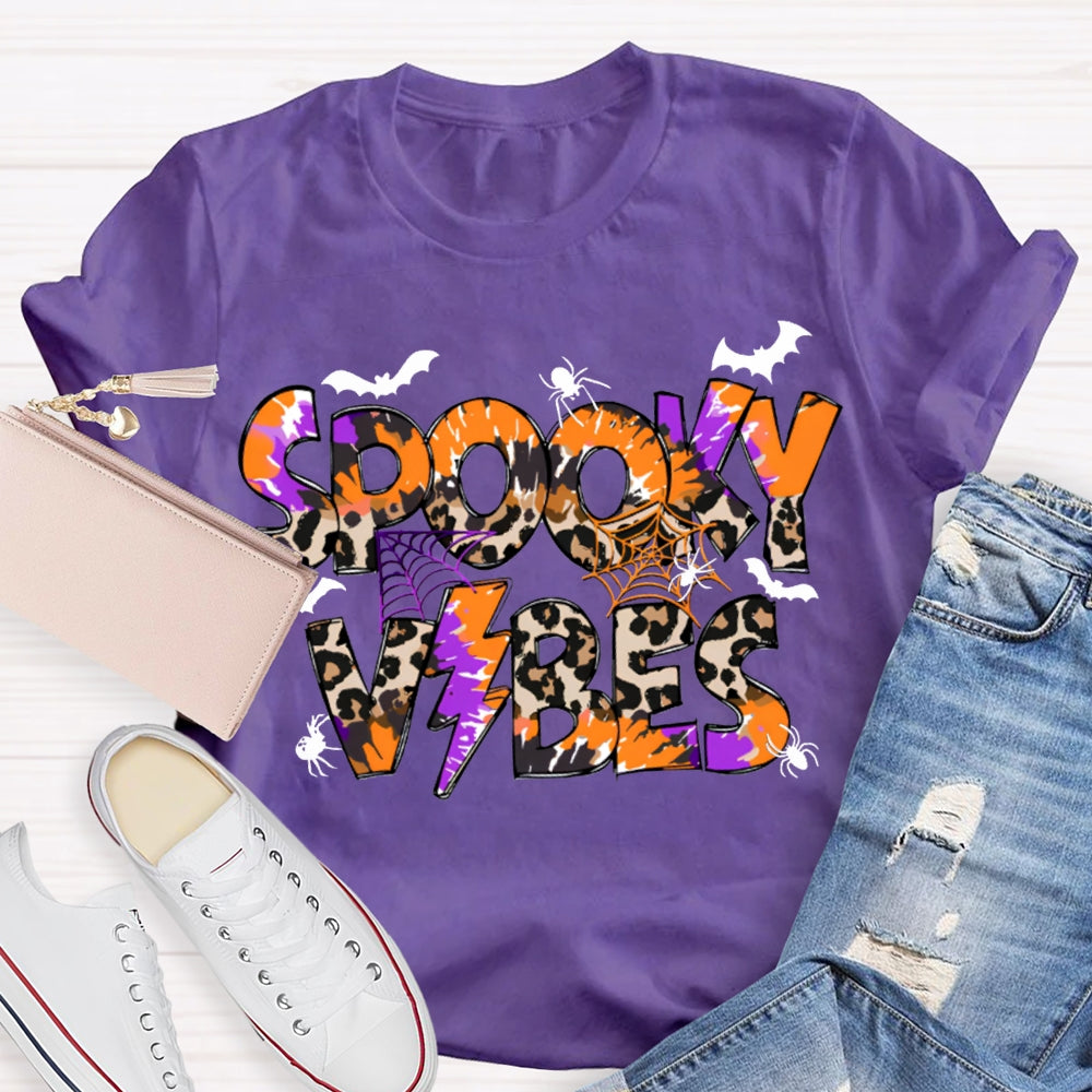 Spooky Vibes Leopard Print And Orange Font Halloween T-shirt