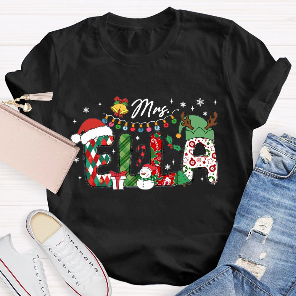 Personalized Name Christmas Hat And Colorful Lights Snowman Design T-Shirt
