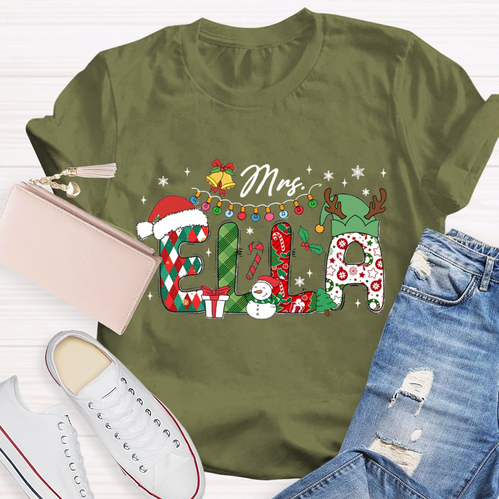 Personalized Name Christmas Hat And Colorful Lights Snowman Design T-Shirt