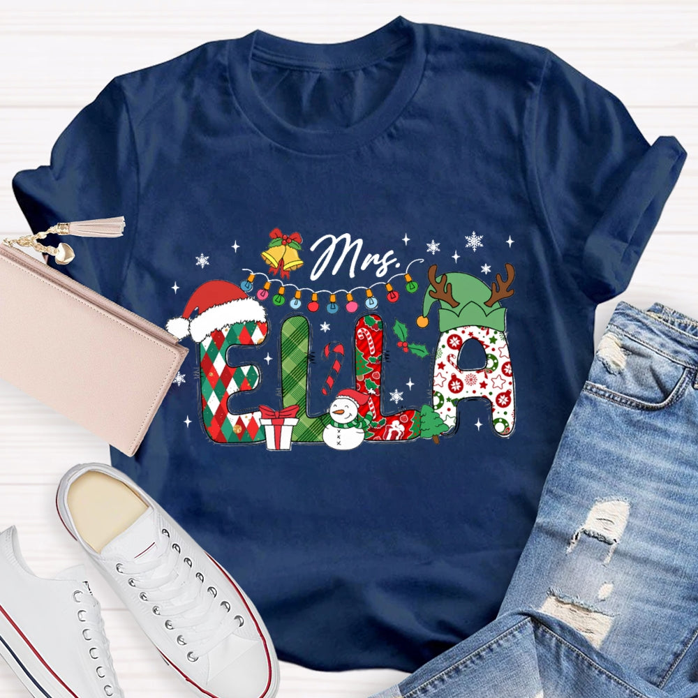 Personalized Name Christmas Hat And Colorful Lights Snowman Design T-Shirt