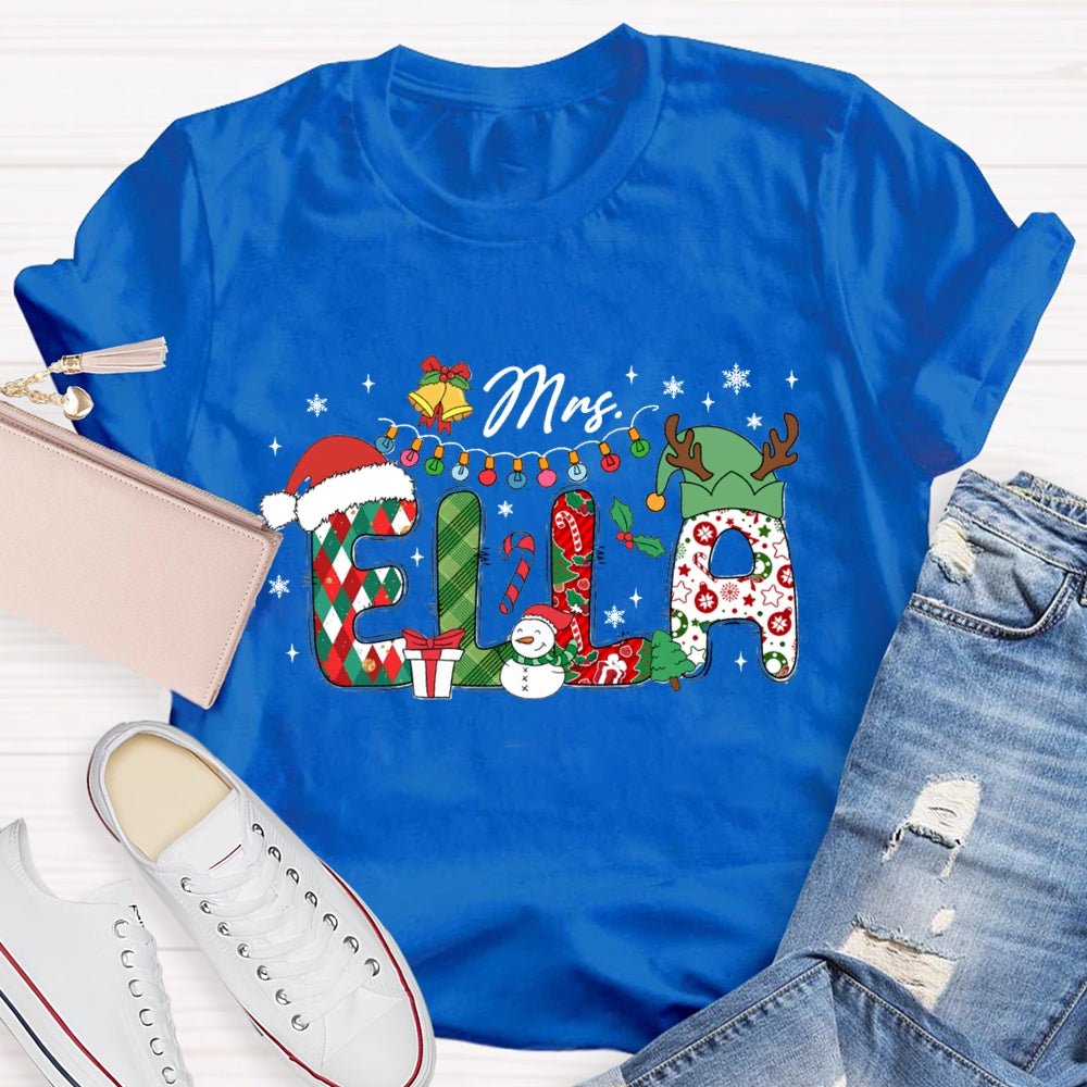 Personalized Name Christmas Hat And Colorful Lights Snowman Design T-Shirt