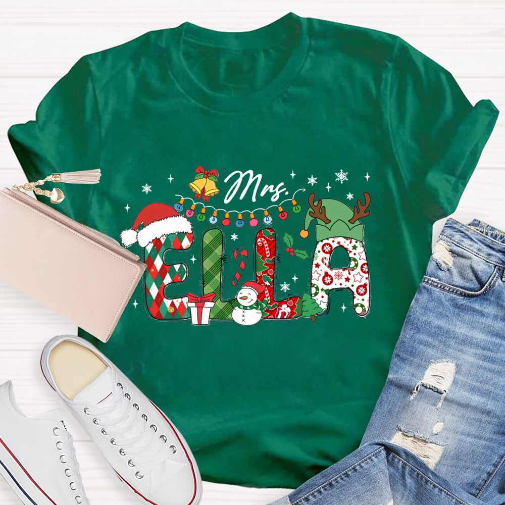 Personalized Name Christmas Hat And Colorful Lights Snowman Design T-Shirt