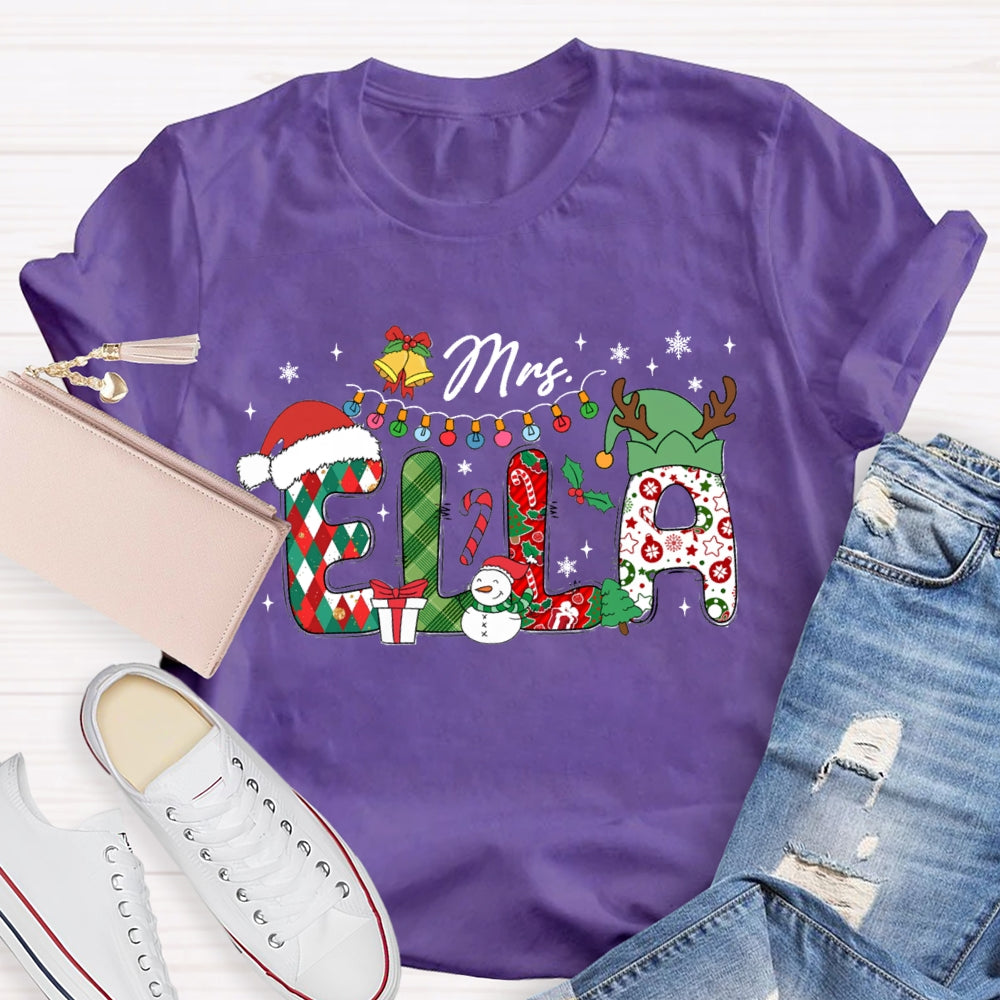 Personalized Name Christmas Hat And Colorful Lights Snowman Design T-Shirt