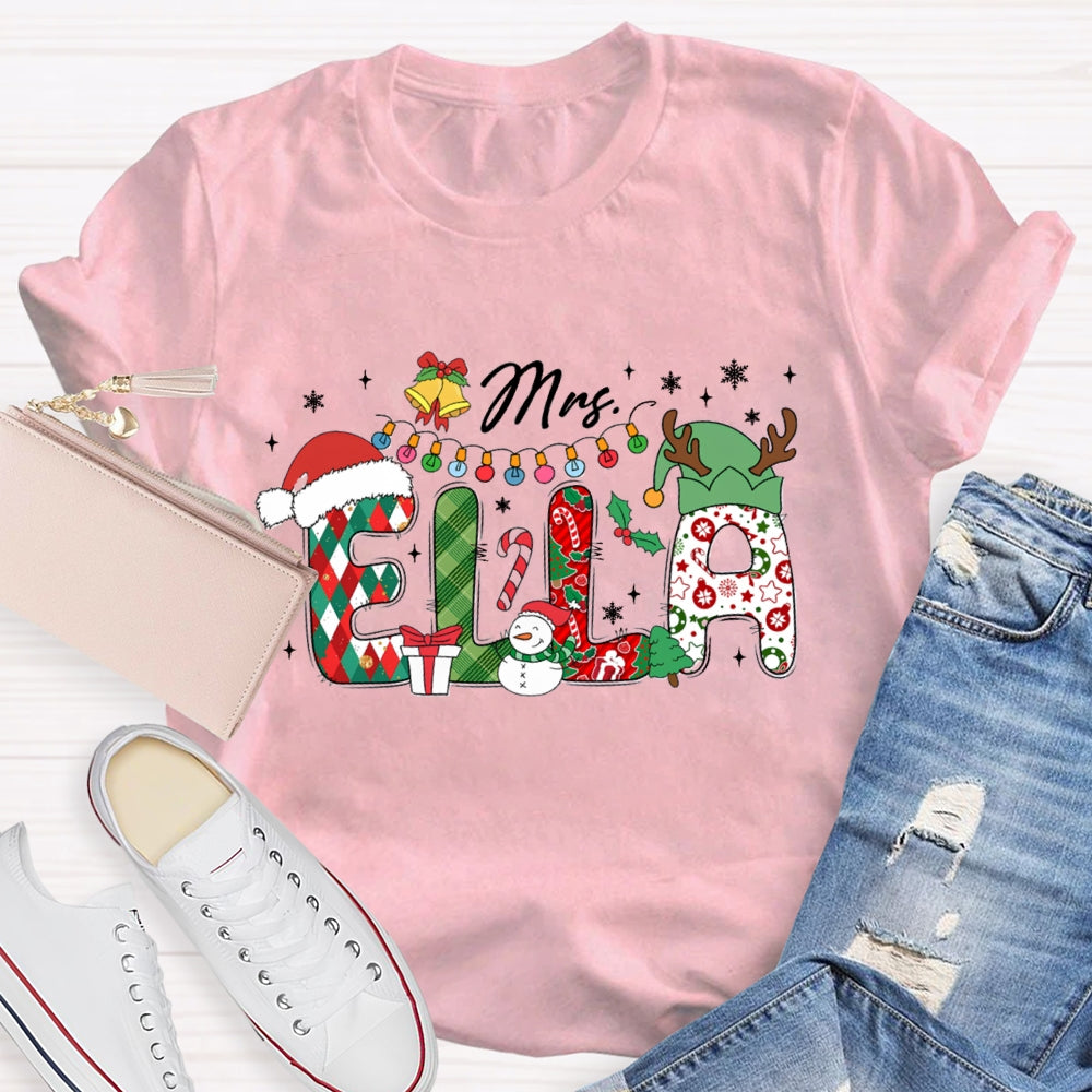 Personalized Name Christmas Hat And Colorful Lights Snowman Design T-Shirt