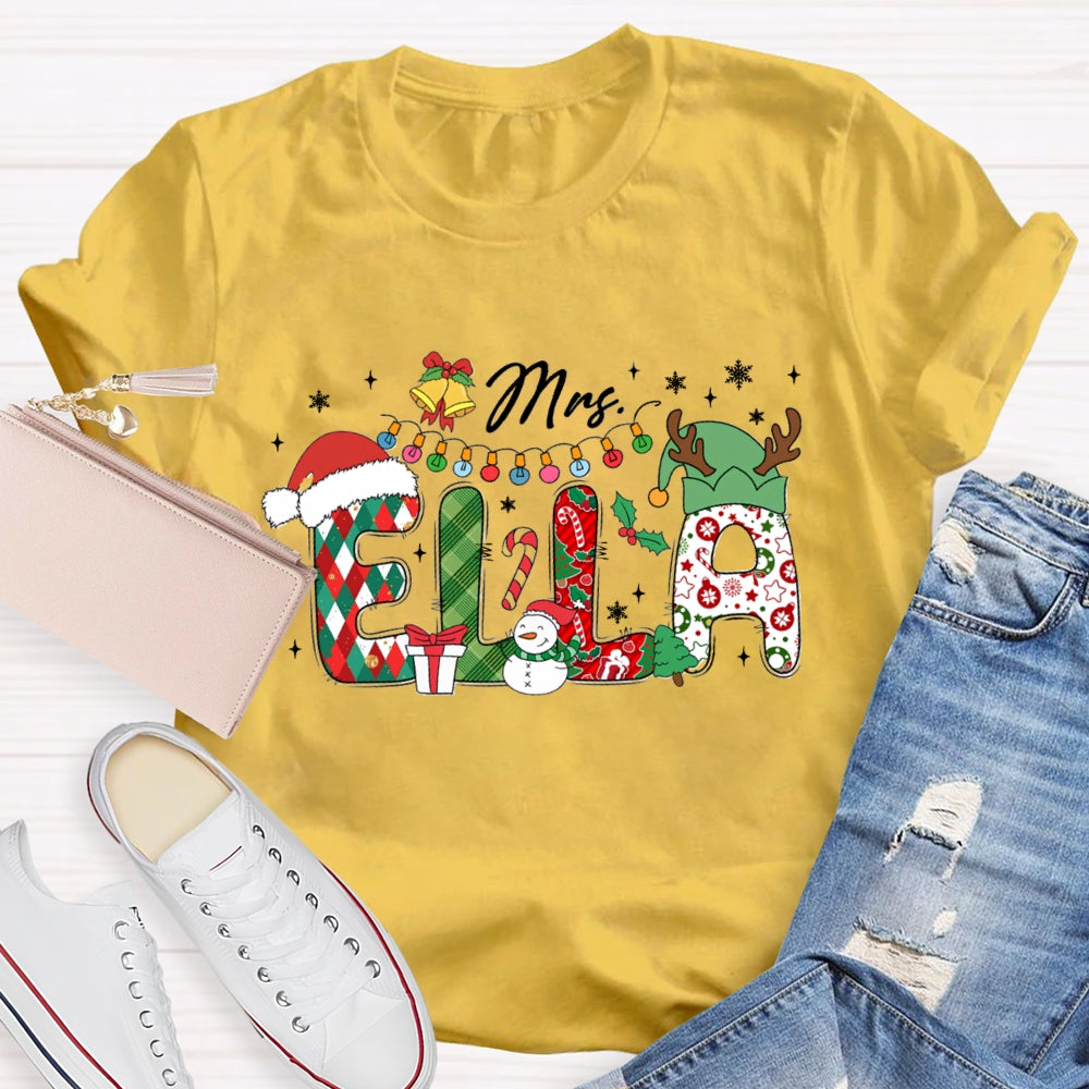 Personalized Name Christmas Hat And Colorful Lights Snowman Design T-Shirt