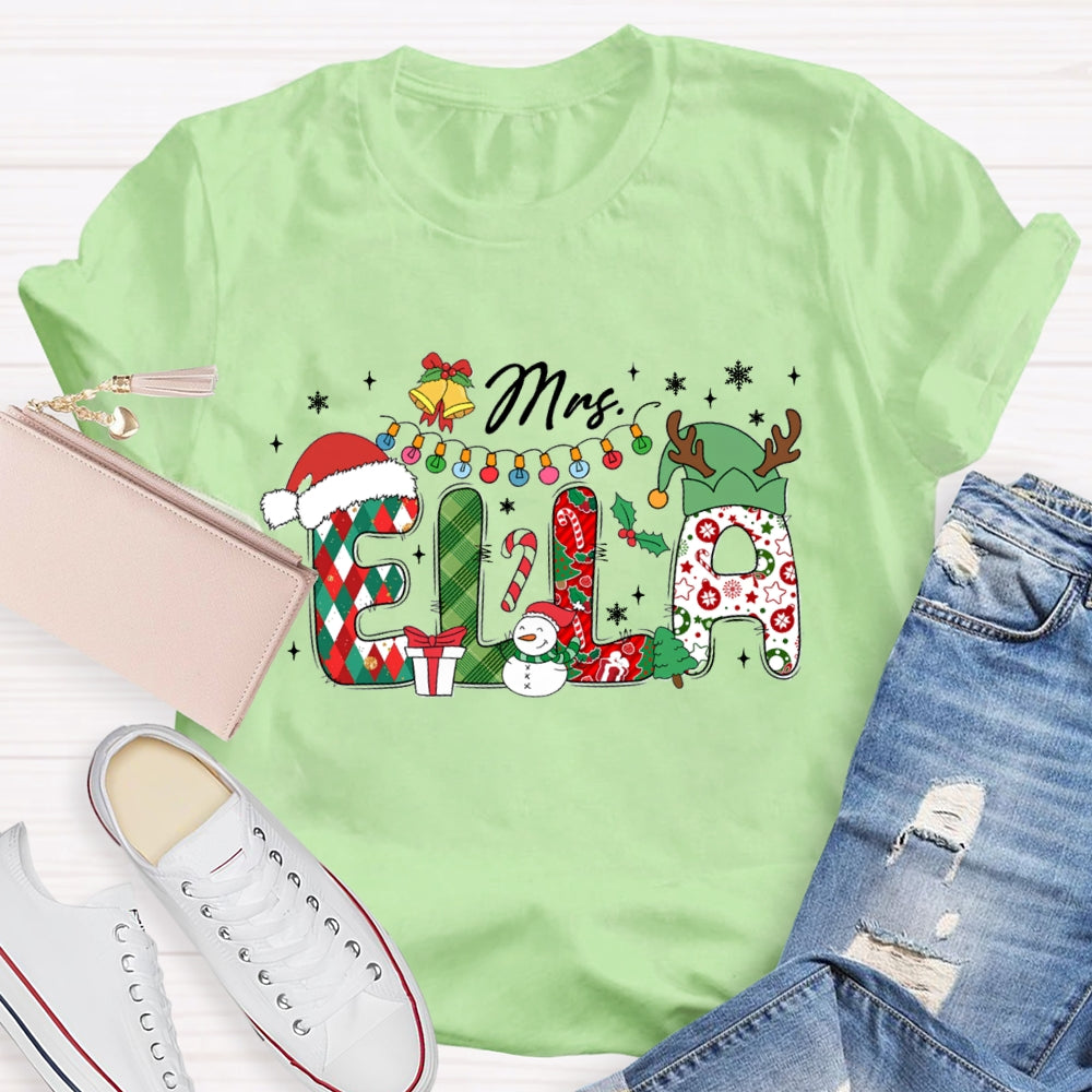 Personalized Name Christmas Hat And Colorful Lights Snowman Design T-Shirt