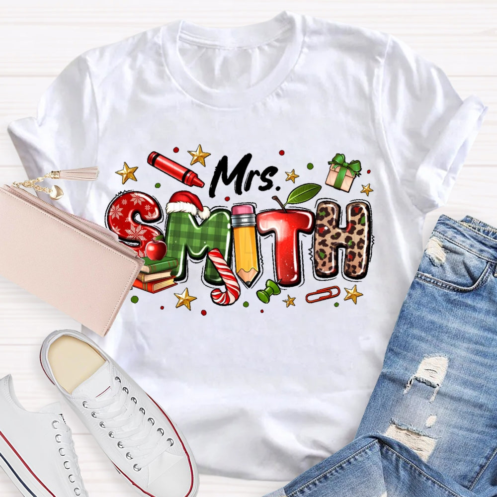 Personalized Name Christmas Teacher Leopard Print Letters T-shirt