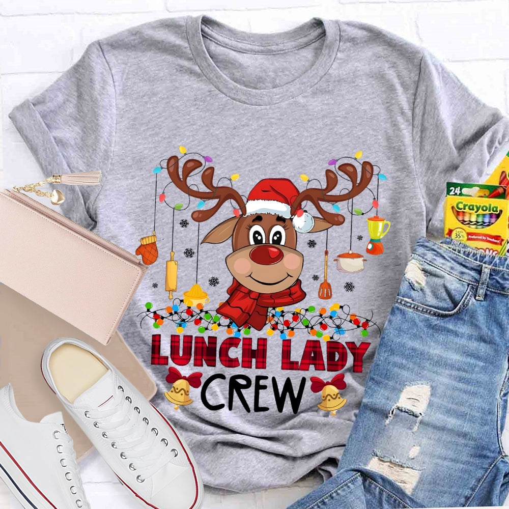 Lunch Lady Crew Christmas Elk And Colorful Lights Christmas T-shirt