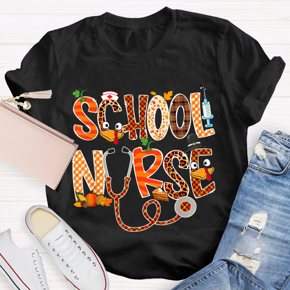 School Nurse Thanksgiving Turkey Font T-shirt