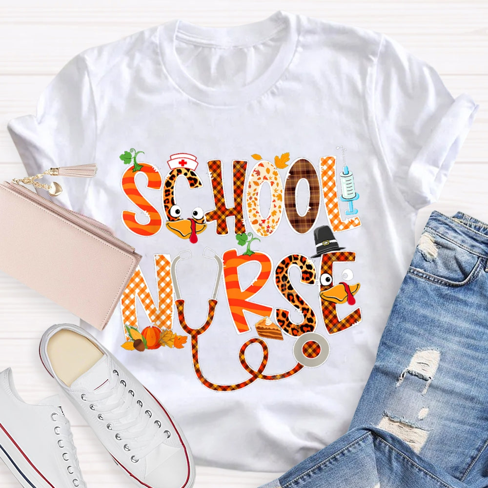 School Nurse Thanksgiving Turkey Font T-shirt