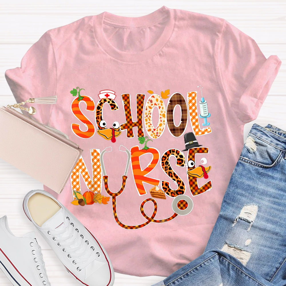 School Nurse Thanksgiving Turkey Font T-shirt