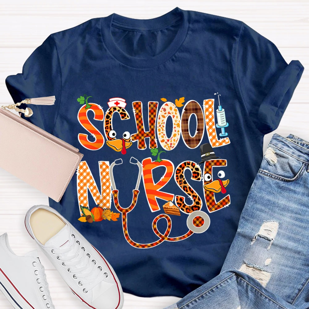 School Nurse Thanksgiving Turkey Font T-shirt