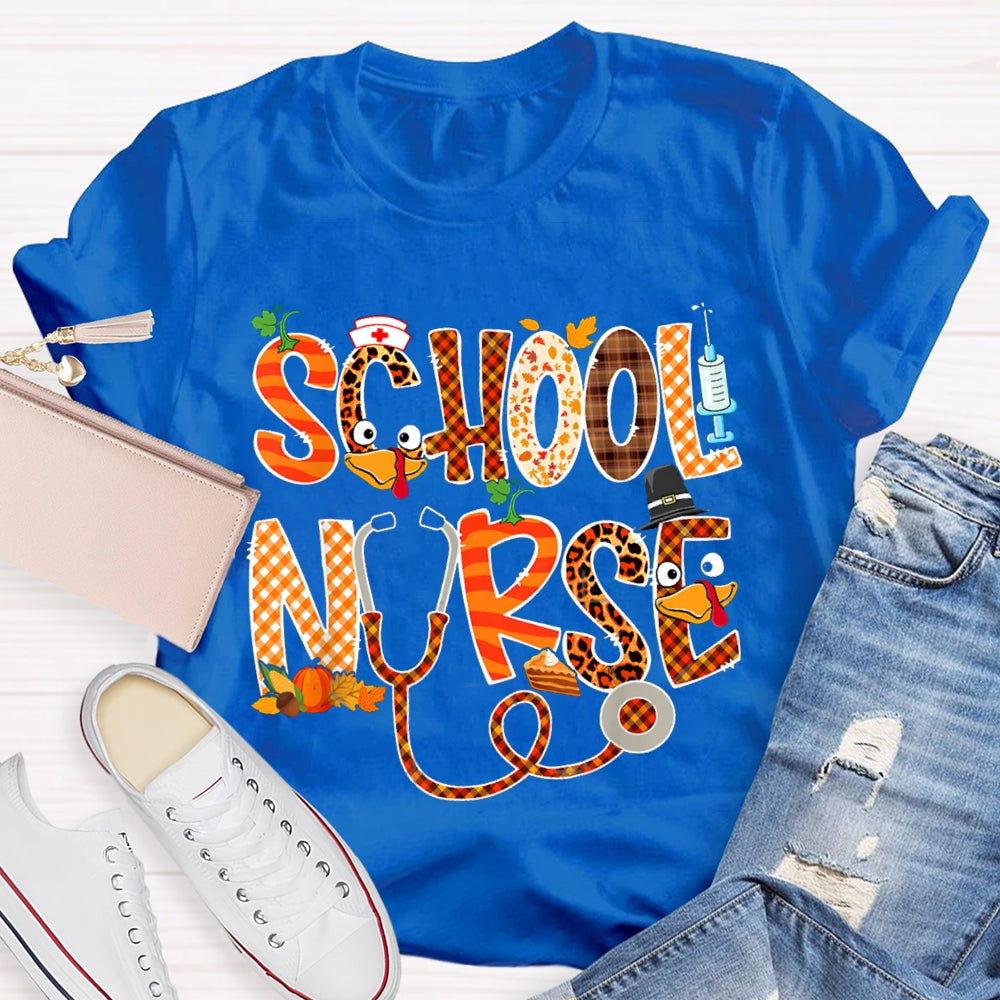 School Nurse Thanksgiving Turkey Font T-shirt