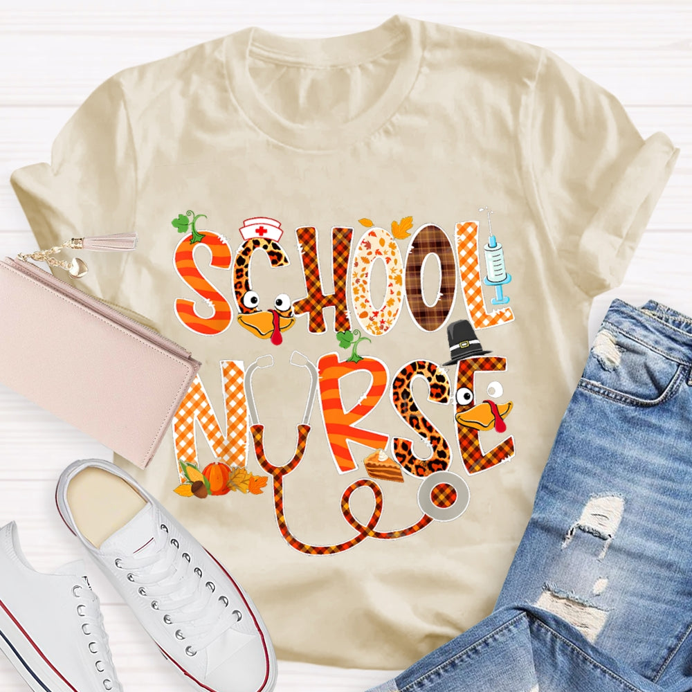 School Nurse Thanksgiving Turkey Font T-shirt