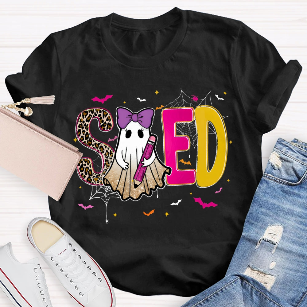Sped Special Education Leopard Print Font And Ghosts Halloween T-shirt